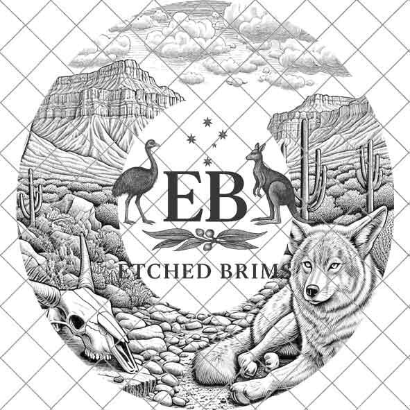 Desert Wolf 6 Engraved Hat, Western Cactus & Skull Design, Faux Suede Wide Brim Hat with Laser Burned Brim, Cowboy Style - Laser File EB76