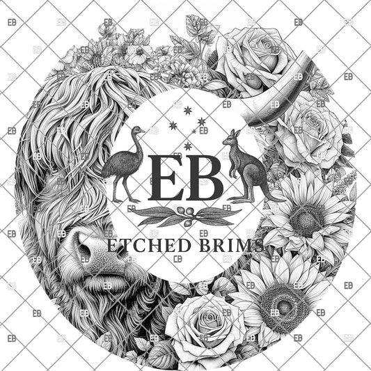 Highland Cow Roses & Sunflowers, Hat Burning Template (Digital Download), Wide Brim Cowboy Hat, EB1134