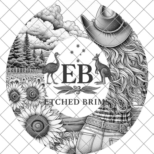 Cowgirl Sunflowers, Hat Burning Design for Wide Brim Hats. PNG for Laser Engraving and PDF Burning Stencil for Hand Burning, EB764