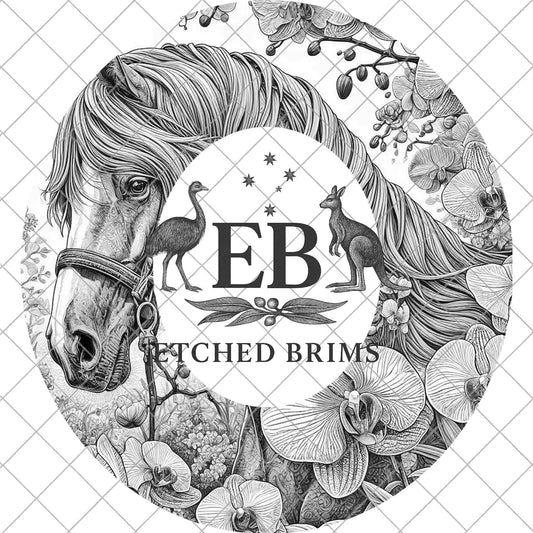 Horse & Orchid Flowers, Hat Burning Template for Wide Brim Hats. PNG for Laser Engraving and PDF Burning Stencil for Hand Burning, EB869