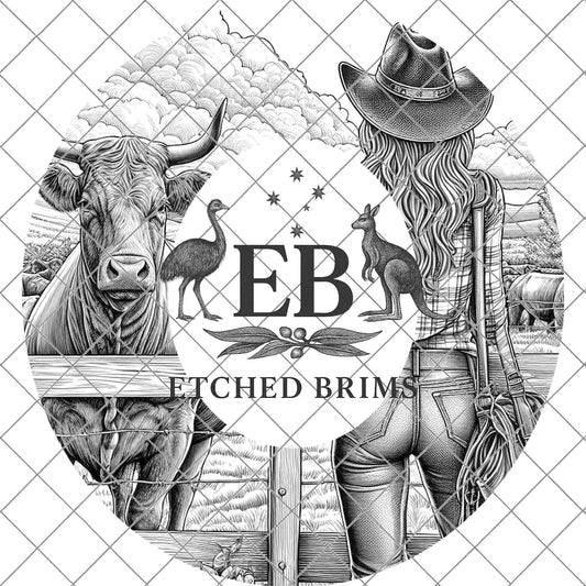 Cowgirl & Cow Farm 1, Hat Burning Design, Digital Download PNG, Hat Burning Template, Hat Laser Engraving Design, Wide Brim Hat File, EB645