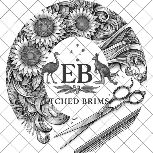 Hairdresser Sunflowers 1 Hat Burning Template for Wide Brim Hats. PNG for Laser Engraving and PDF Burning Stencil for Hand Burning, EB605
