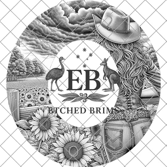 Cowgirl & Sunflowers 8, Hat Burning Design, Wide Brim Hat Burning Template, Laser Hat Engraving Template, Printable Stencil, EB761