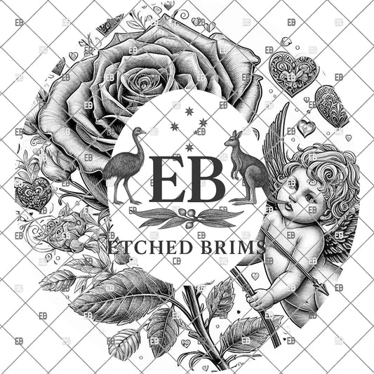 Cupid & Roses Valentine, Hat Engraving Design, Digital Download PNG, Wide Brim Hat Template, EB1124
