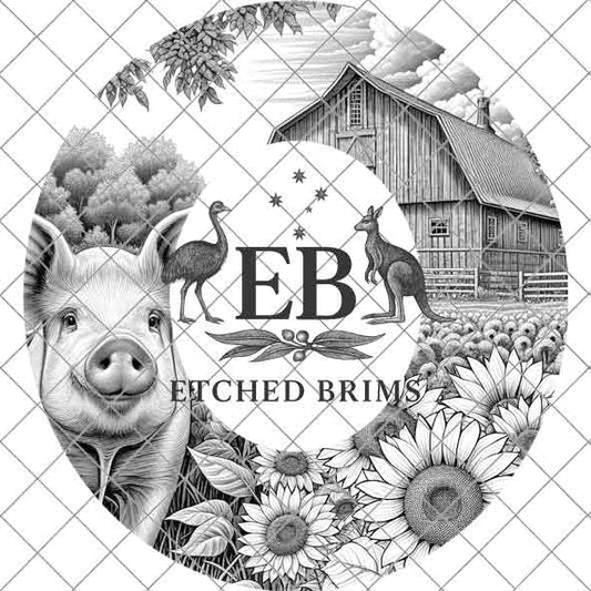 Farm Pig & Sunflowers 1, Hat Burning Template, Hat Burning Stencil, Hat Laser Engraving Design, Wide Brim Hat, Printable Hat Template, EB567