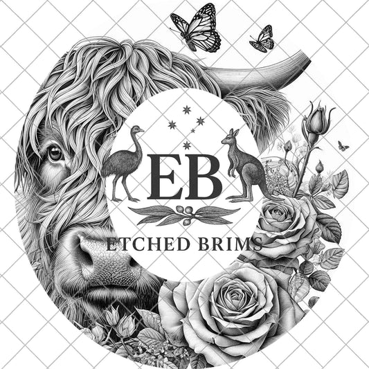 Highland Cow Roses & Butterfly, Hat Burning Design, Digital Download PNG, Hat Stencil, Hat Laser Engraving Design, EB1072