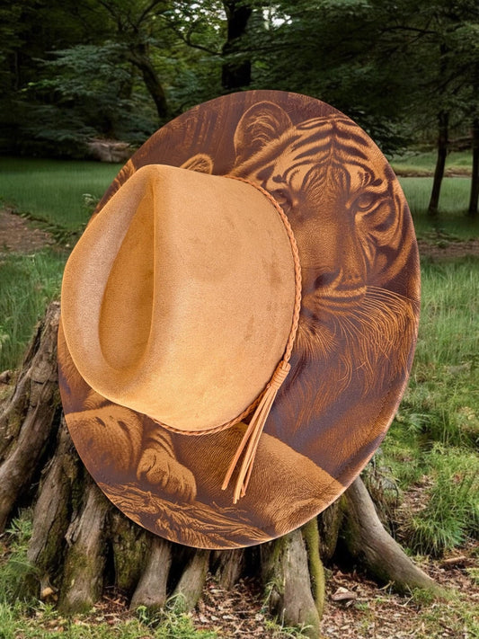 Whispers of the Wild – Laser Engraved Tiger Brim Hat, Wide Brim Hat, Vegan Suede Fedora Hat, Laser Engraved, Cowboy Hat, Burned Fedora