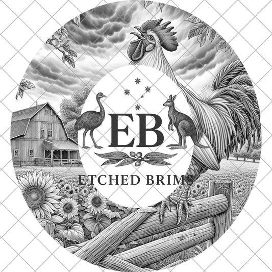 Crowing Farm Rooster & Sunflowers, Hat Burning Design, Wide Brim Hat Design, Digital Download PNG, PDF, Hat Burning Template, EB872