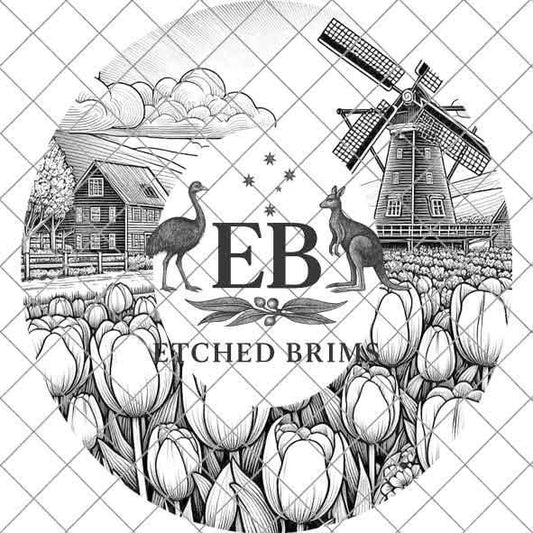 Hat Burning Design, Windmill Hat Burning Template, PNG Digital File with Tulips & Barn, Laser Engraving or Pyrography Download Design, EB370
