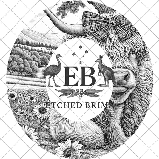 Highland Cow with Bow and Sunflowers, Hat Burning Design, Digital Download PNG, Hat Stencil, Hat Laser Engraving Design, EB1071