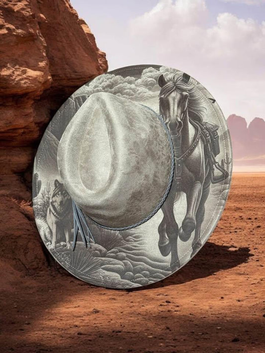 The Desert Spirit – Laser Engraved Horse & Wolf Brim Hat, Wide Brim Hat, Vegan Suede Fedora Hat, Laser Engraved, Burned Fedora