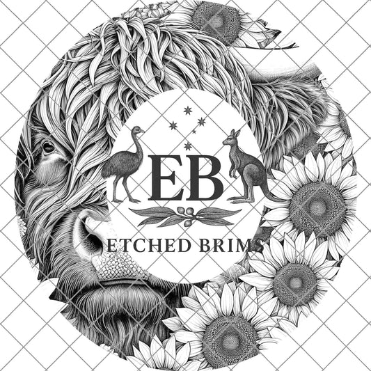 Highland Cow and Sunflowers 3, Hat Burning Design, Digital Download PDF & PDF for Hand Burning, Wide Brim Hat, Printable Hat Template, EB606