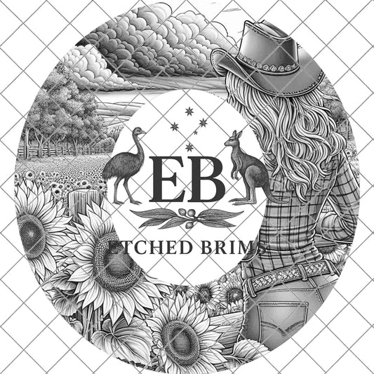 Cowgirl & Sunflowers 6, Hat Burning Design, Wide Brim Hat Burning Template, Laser Hat Engraving Template, Printable Stencil, EB763