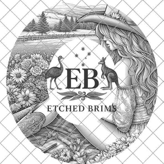 Cowgirl & Flowers 3 Hat Engraving Template, Digital Laser Burn Design, Wide Brim Faux Suede Hats, BOHO, Laser Hat Burning File EB326