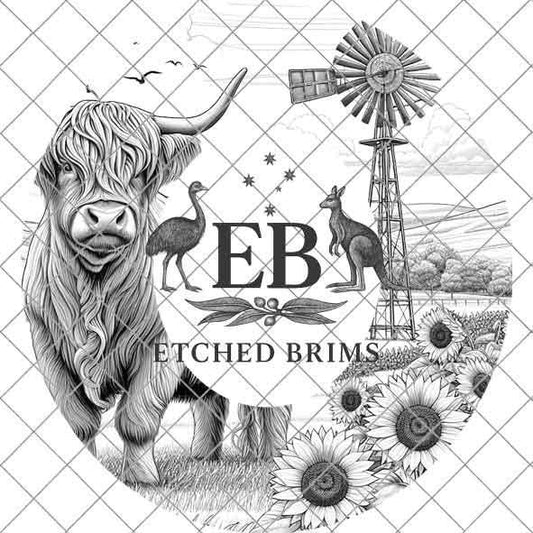 Highland Cow & Windmill Hat Design 1, Rustic Farmhouse Sunflower Brim Template, Western Laser Engraving Digital Download Hat File, EB375
