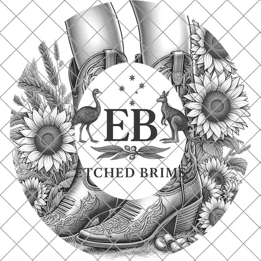 Cowgirl Boots & Sunflowers 8 Hat Burning Design, Western Brim PNG PDF Template, Digital Laser Design, Wide Brim Faux Suede Hat, EB629