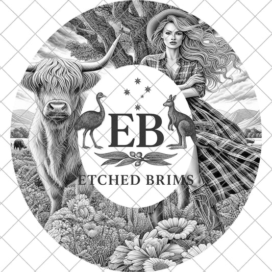 Highland Cow and Cowgirl, Hat Burning Design (Digital Download), Wide Brim Hat, EB1093