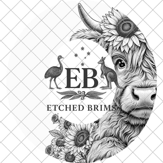 Hat Engraving Design: Highland Cow and Sunflowers - Wide Brim, EB857
