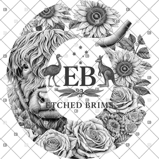 Highland Cow, Hat Burning Design, Rose and Sunflowers Floral, Laser Engraving, Wide Brim Cowboy Hat, EB1137
