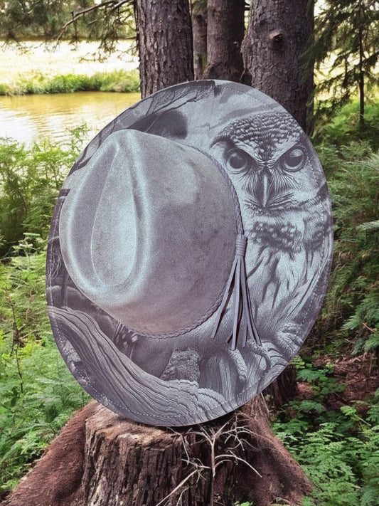 Watcher of the Woods - Owl Engraved Wide Brim Hat, Vegan Suede Fedora Hat, Laser Engraved, Cowboy Hat, Burned Fedora, Owl Design