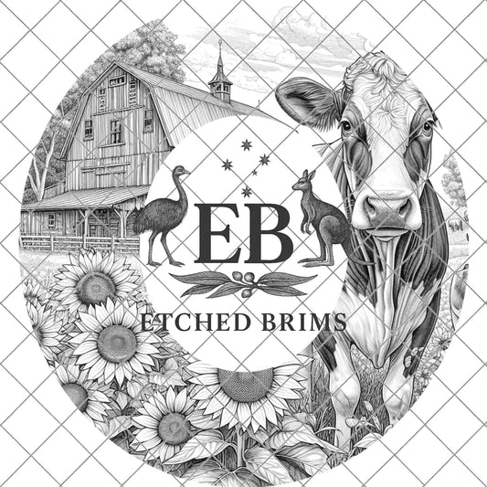 Farm Dairy Cow and Sunflowers 5, Hat Burning Design, Digital Download PDF & PDF Hand Burning, Wide Brim Hat, Printable Hat Template, EB609