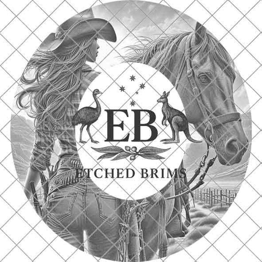 The image is a collage featuring a cowboy woman and a horse, with the cowboy woman holding a gun and the horse standing nearby.