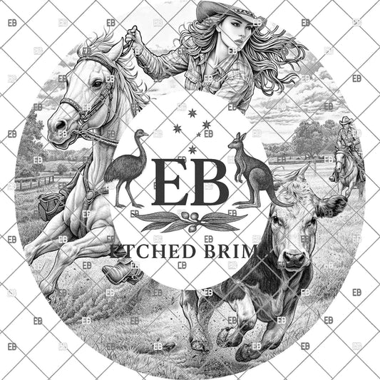 Cowgirl Rodeo Hat Brim Template, Cowgirl Chasing Cow Western Engraving File, Horse Rider Ranch Laser Engraving, Hat Burning Pattern, EB1211