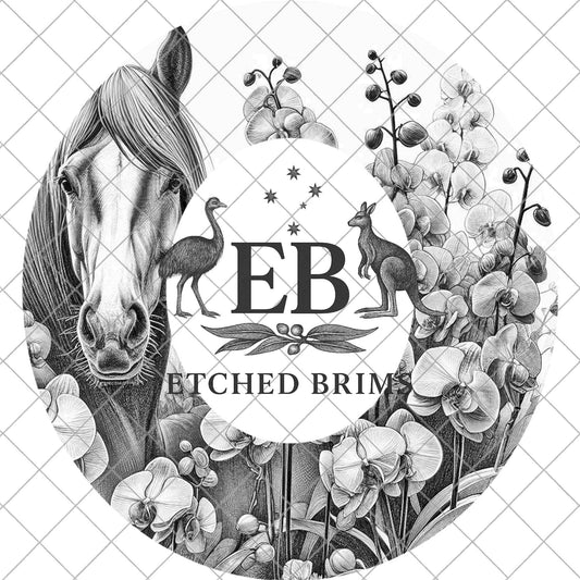 Horse & Orchid Flowers, Laser Hat Burning Design for Wide Brim Hats. Hat Burning Design, PNG and PDF Burning Stencil for Hand Burning, EB871