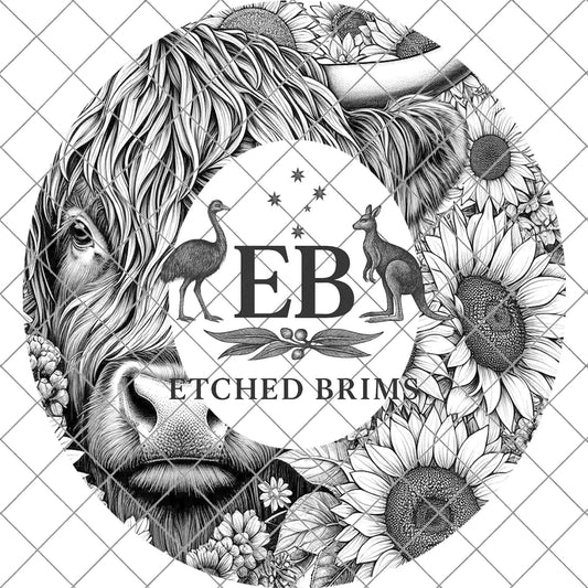Highland Cow and Sunflowers 1, Hat Burning Design, Digital Download PDF & PDF for Hand Burning, Wide Brim Hat, Printable Hat Template, EB607