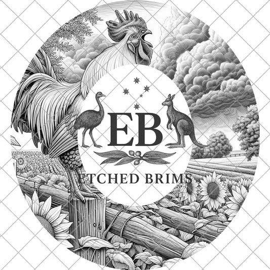 Crowing Farm Rooster & Sunflowers, Hat Burning Design, Wide Brim Hat Design, Digital Download PNG, PDF, Hat Burning Template, EB873