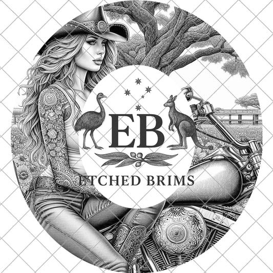 Cowgirl on Motorcycle Hat Burning Design, Western Biker Laser Engraving File for Fedora Brims, Country Rebel Woman Template, EB938