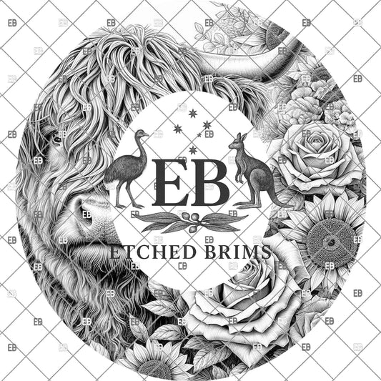 Highland Cow Roses & Sunflowers, Hat Burning Design, (PNG, PDF), Laser Engraving, Wide Brim Cowboy Hat, EB1135