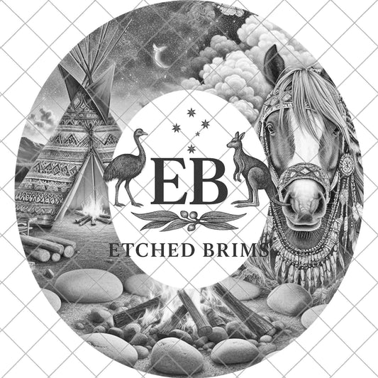 Indian Horse and Campfire, Hat Burning Template for Wide Brim Hats. PNG for Laser Engraving and PDF Moonlit Teepee Scene, EB954