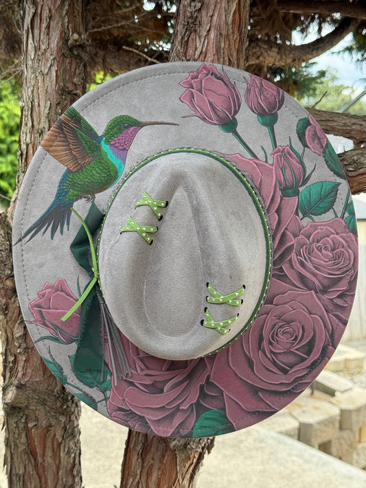 Hummingbird and Roses - Engraved Wide Brim Hat, Vegan Suede Fedora Hat, Laser Engraved, Cowboy Hat, Burned Fedora