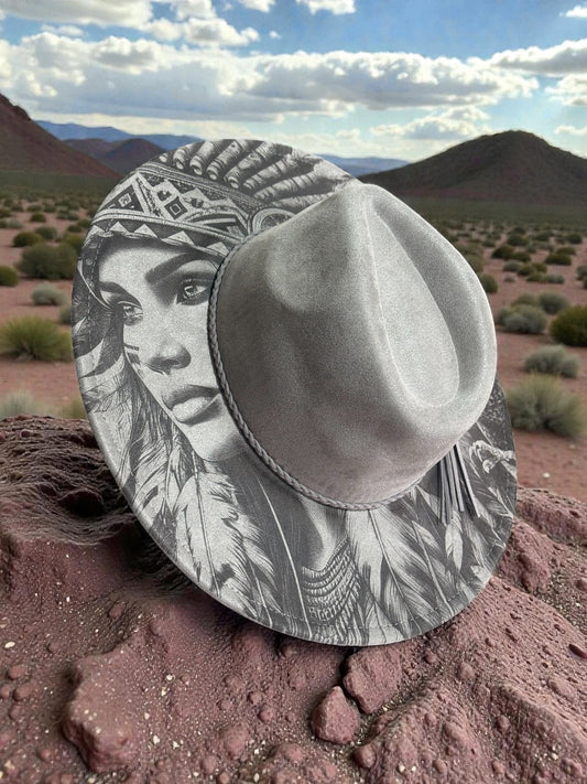 Desert Warrior Queen – Laser Engraved Native Indian Woman & Eagle Hat, Wide Brim Hat, Vegan Suede Fedora Hat, Laser Engraved, Burned Fedora
