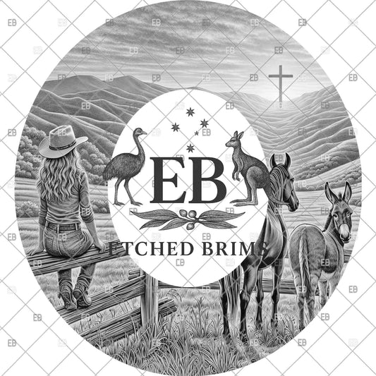 Cowgirl Horse & Mule, Hat Burning Design, Western Landscape, Digital Download PNG, Hat Burning Template, Hat Laser Engraving Design, EB1225