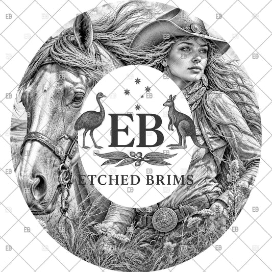 A monochromatic illustration featuring a woman in a cowboy hat and saddle, with a horse and emu in the background. The text "EB" is prominently displayed in the center of the image.