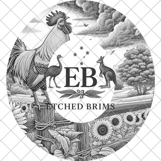 Crowing Farm Rooster & Sunflowers, Hat Burning Design, Wide Brim Hat Design, Digital Download PNG, PDF, Hat Burning Template, EB874