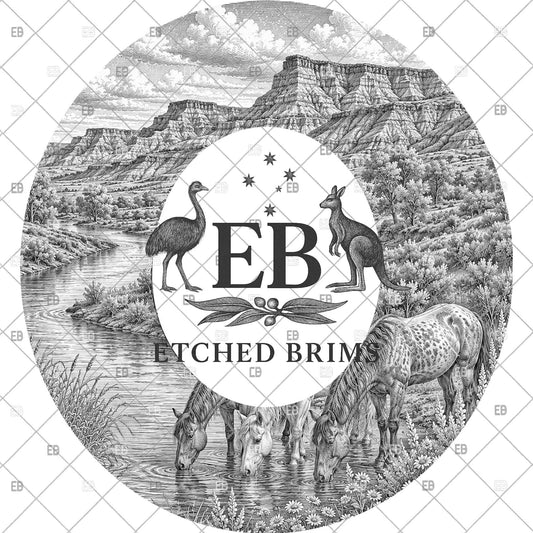 Wild Horses and Badlands, Hat Burning Design, River Landscape, Laser Hat Engraving, Digital Download PNG, Wide Brim Hat File, EB1256