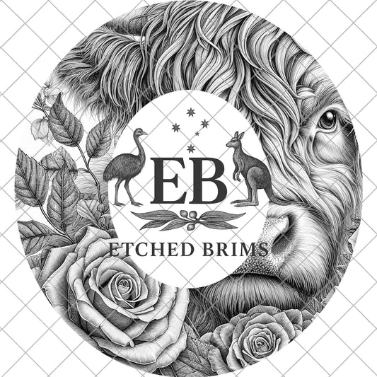 Highland Cow & Roses, Hat Burning Template, Digital Download PNG, Country Scene, Laser Ready Hat Engraving Design, EB1073