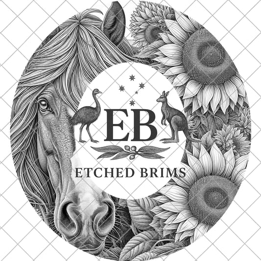 Horse & Sunflowers Hat Design, Rustic Template, Wide Brim Fedora Engraving, Digital Laser Hat Burning Pattern, Pyrography Art, EB1069