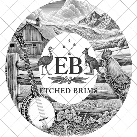 Banjo Barn Rooster, Hat Engraving Design, Laser Burning File for Wide Brim Fedora, EB1015