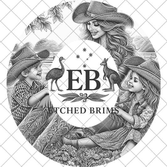 Cowgirl and Children, Hat Burning Template, Laser Engraving Design for Wide Brim Fedora, EB935