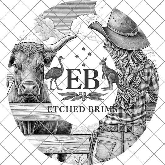 Cowgirl & Cow Farm 3, Hat Burning Design, Digital Download PNG, Hat Burning Template, Hat Laser Engraving Design, Wide Brim Hat File, EB646