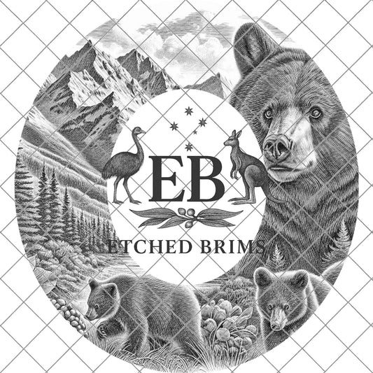 Black Bear & Cubs, Hat Burning Design, Wide Briim Hat Template, Hat Laser Engraving Design, Digital Download PNG, EB738