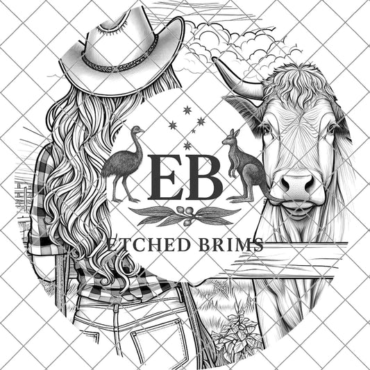 Cowgirl & Cow Farm 8, Hat Burning Design, Digital Download PNG, Hat Burning Template, Hat Laser Engraving Design, Wide Brim Hat File, EB648