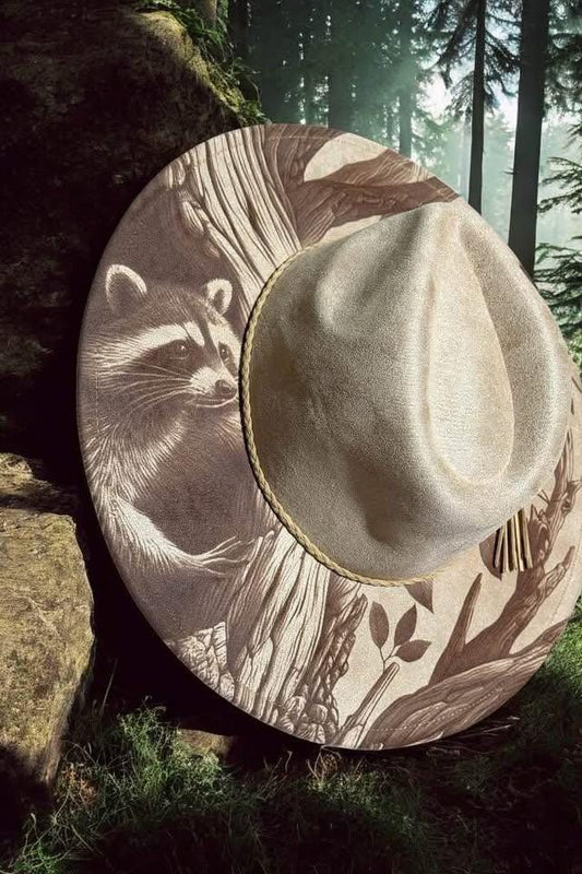 The Forager – Laser Engraved Raccoon Brim Hat, Wide Brim Hat, Vegan Suede Fedora Hat, Laser Engraved, Burned Fedora