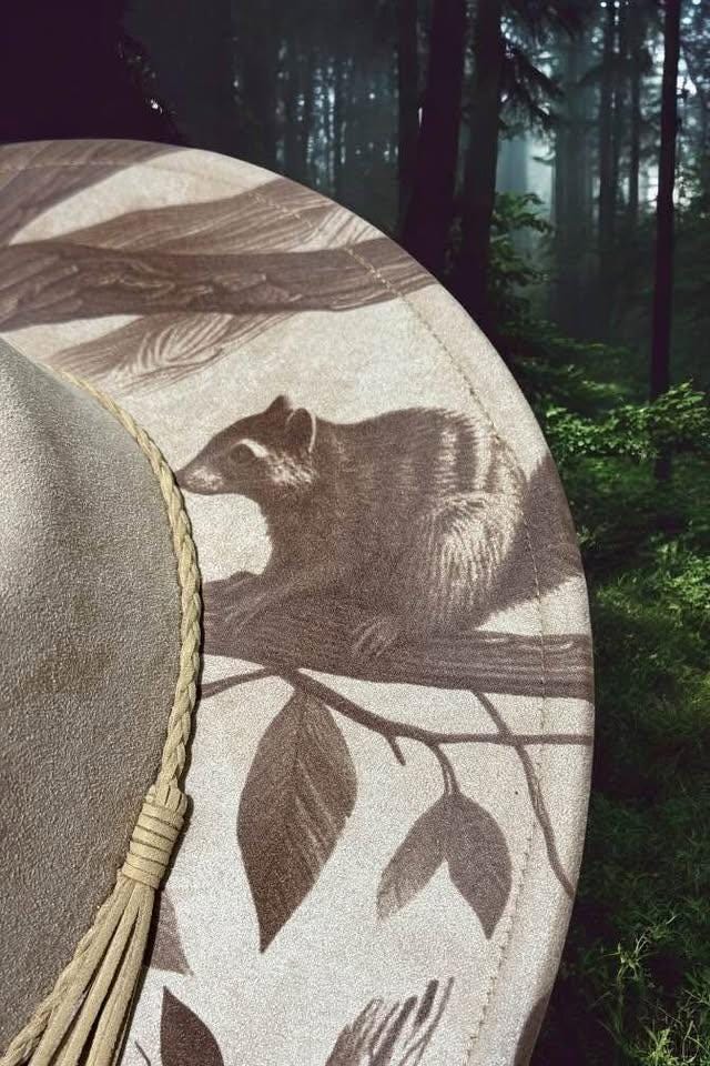 The Forager – Laser Engraved Raccoon Brim Hat, Wide Brim Hat, Vegan Suede Fedora Hat, Laser Engraved, Burned Fedora