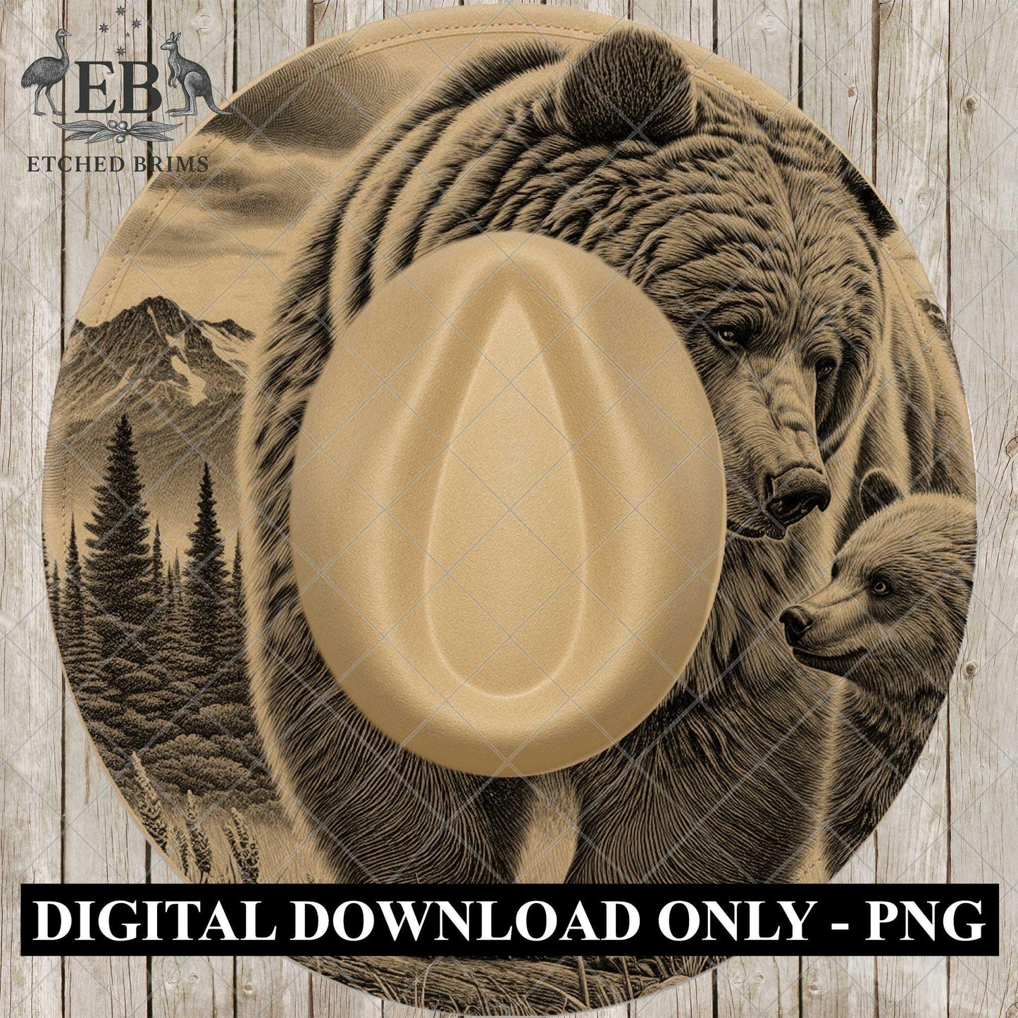 Grizzly Bear & Cub, Hat Burning Design, Wide Brim Hat Template, Hat Laser Engraving Design, Digital Download PNG, EB880