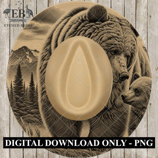 Grizzly Bear & Cub, Hat Burning Design, Wide Brim Hat Template, Hat Laser Engraving Design, Digital Download PNG, EB880